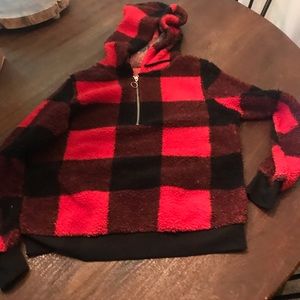 Red and black buffalo check half zip hoodie